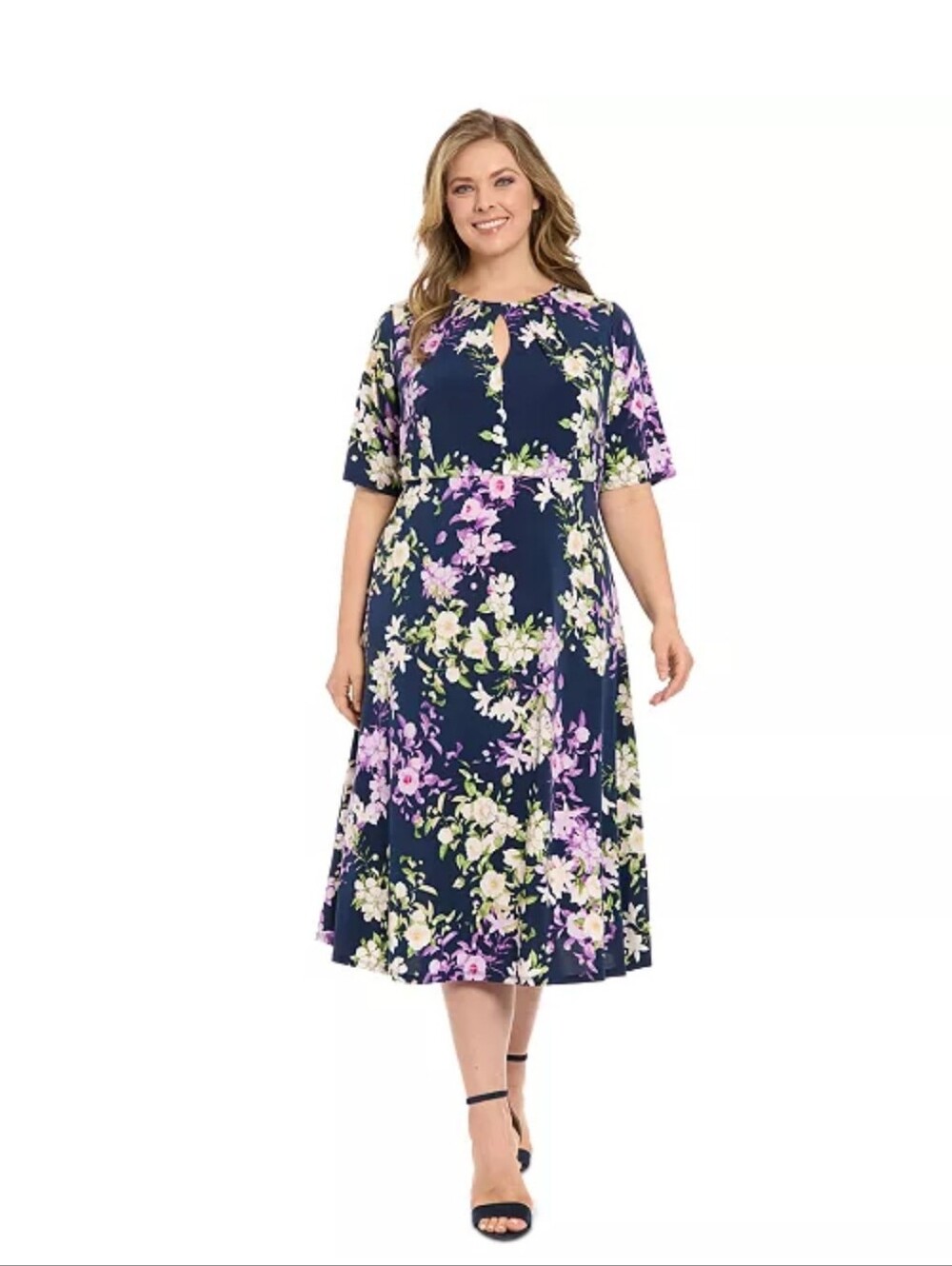 London Times Woman NWT Navy Floral Midi Dress Plus Size 18W Keyhole Party